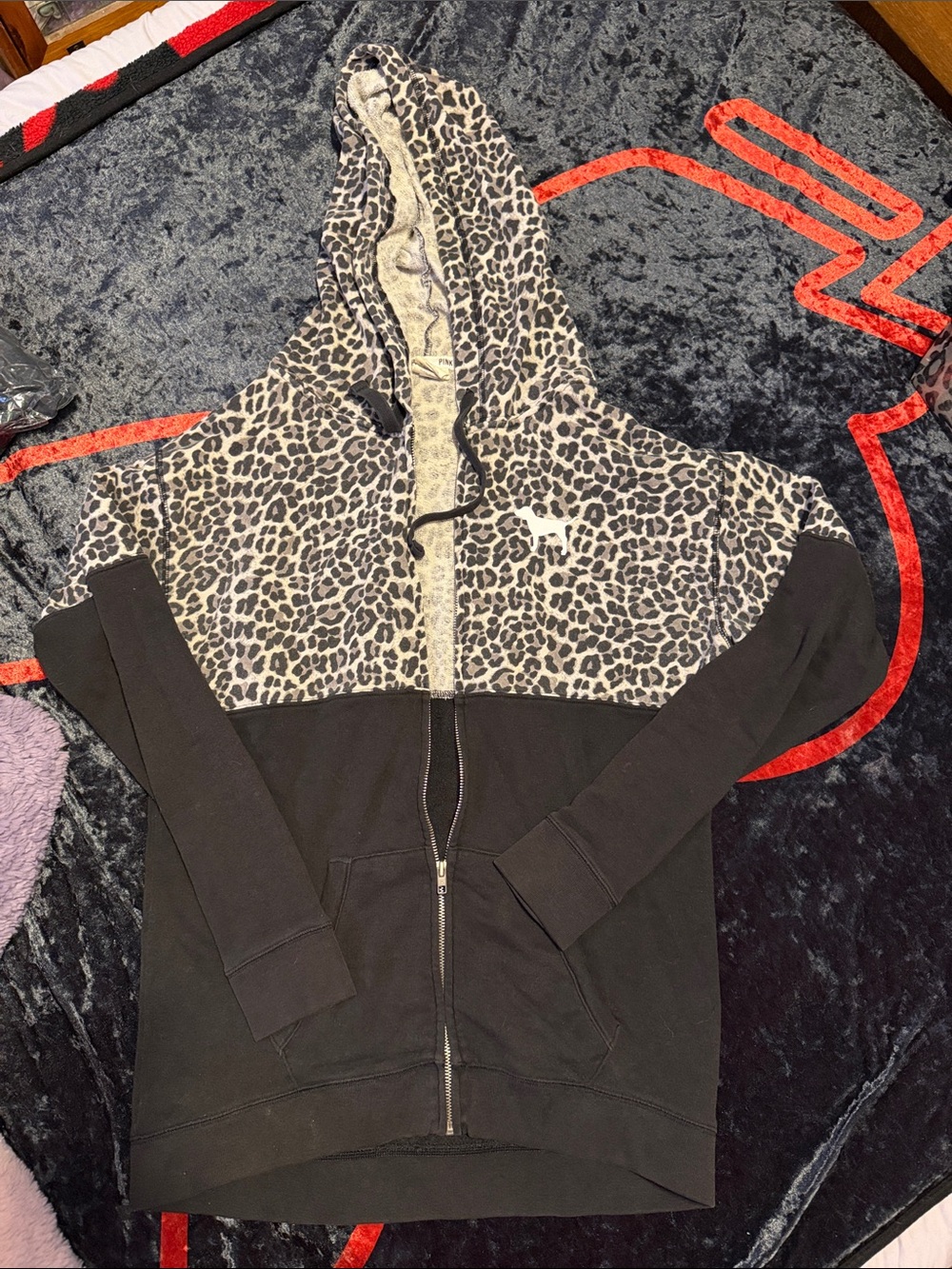 PINK Victoria's Secret Black Zip Hoodie with Leopard Print Hood
